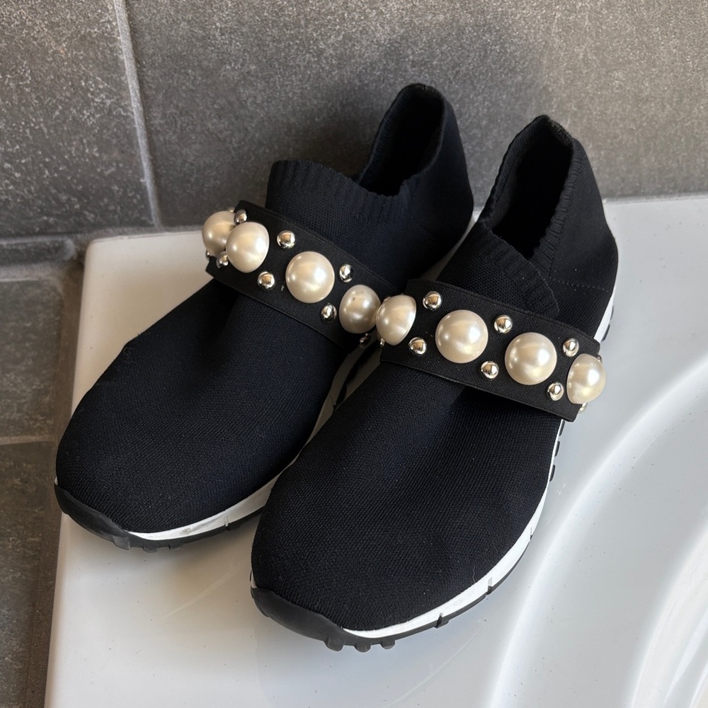 Jimmy Choo Black Knit Slip-On Sneakers with Pearl Strap